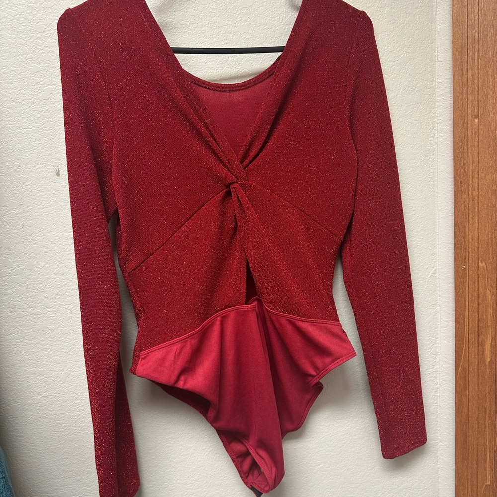 Red Twist Front Long Sleeve Bodysuit | Elegant Party Top | Women’s Medium